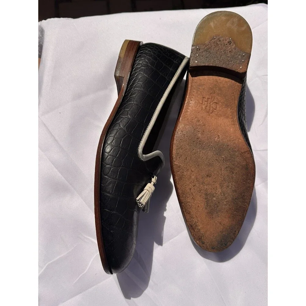 Men’s Evening Slippers Smoking Loafers 10 M Cole Haan Embossed Croc Tassel Navy